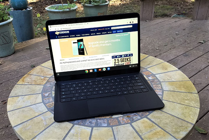 Pixelbook Go on back deck table, lifestyle