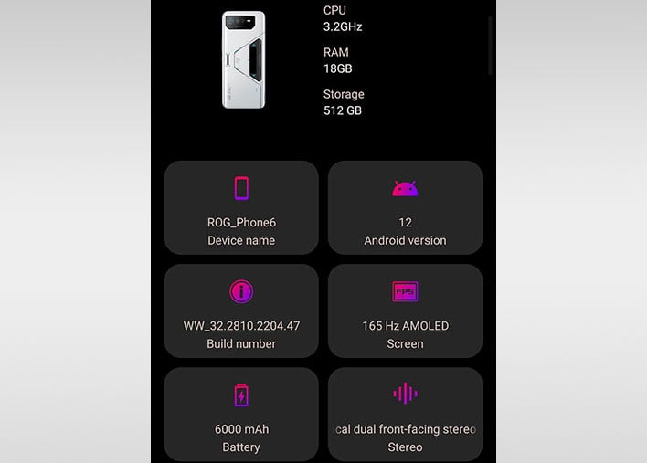 Скриншот технических характеристик ASUS ROG Phone 6 Pro