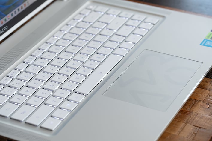 keyboard and trackpad close up gigabyte aero 16 oled 2023