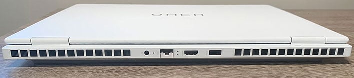 Rear ports and vents on the HP Omen Transcend 16 in Ceramic White.