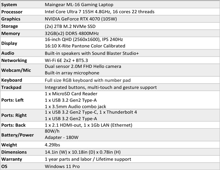 spec sheet maingear ml 16