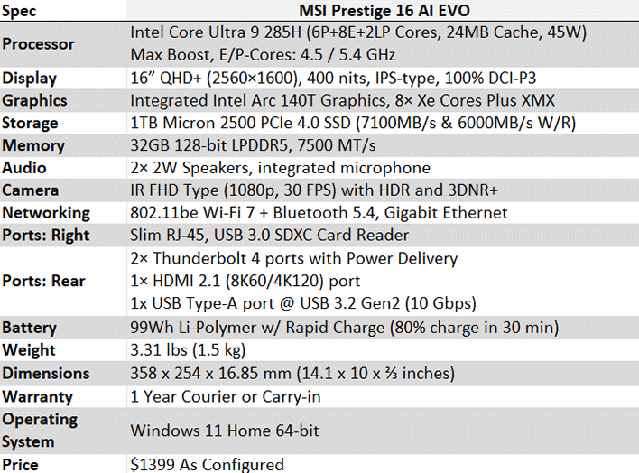 msi prestige 16 ai evo arrow lake h spec