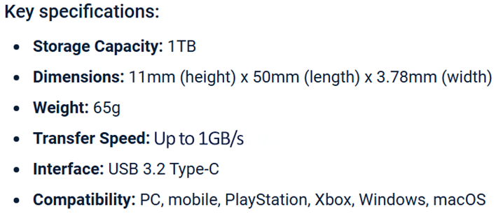 Specs for Seagate's Genshin Impact LE SSD.