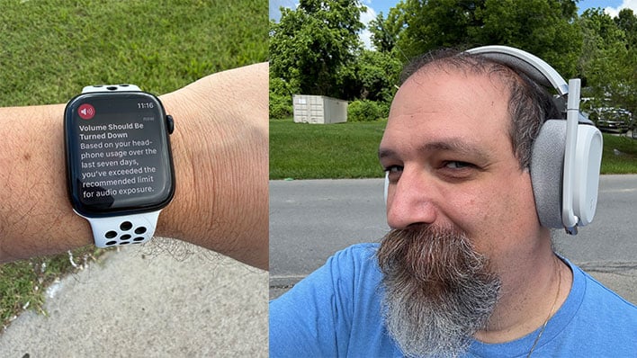 Side-by-side images, one of an Apple Watch displaying a volume warning, and another of Paul Lilly wearing Fractal Design's Scape headset.