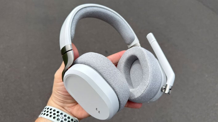 Holding Fractal Design's Scape headset with the boom mic retracted.