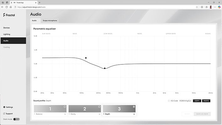 Audio section of Fractal Design's web setup page showing an EQ.