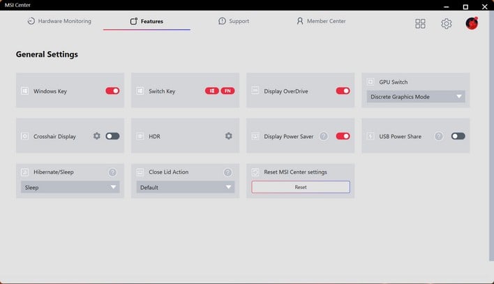 msi center menu