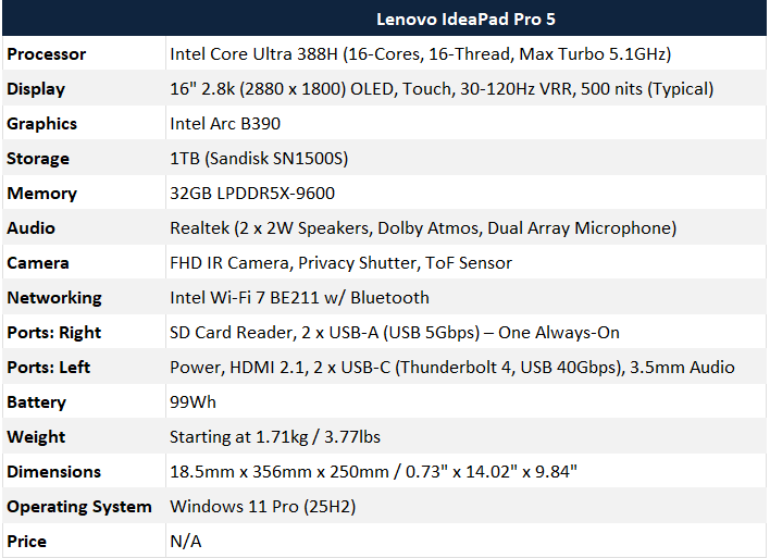 lenovo ideapad 5 panther lake specs