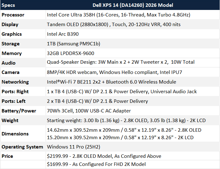 dell xps 14 2026 specs