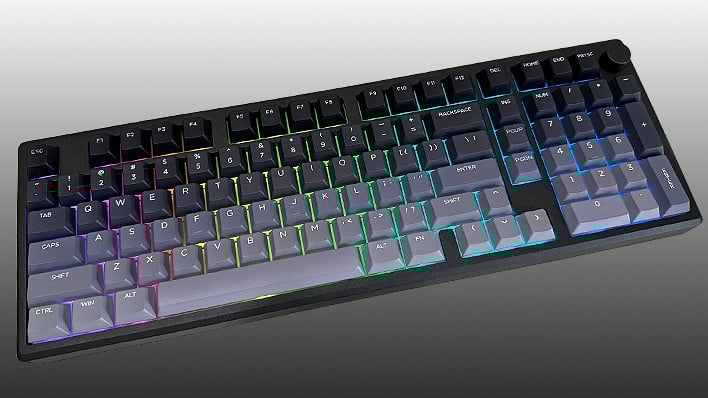 Angled view of the Epomaker Galaxy100 Lite keyboard with RGB lighting, on a gray gradient background.