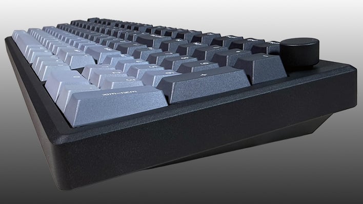 Side view of Epomaker's Galaxy100 Lite keyboard on a gray gradient background.