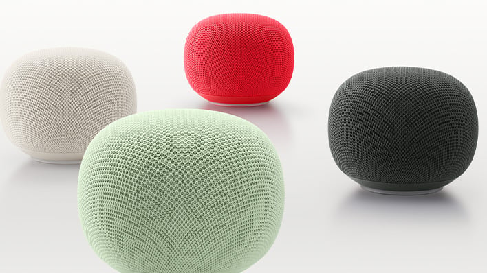 Google Home Speakers in Jade, Berry, Haze, and Porcelain colorways.