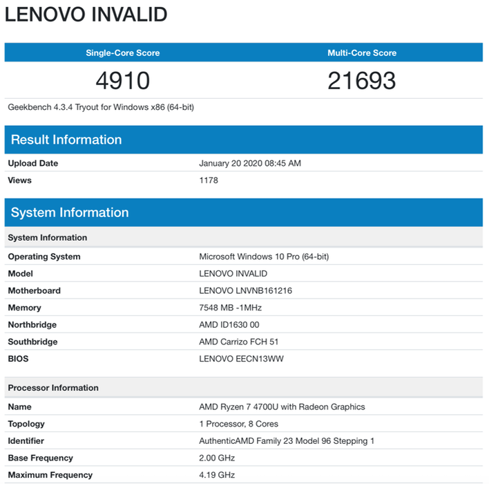 AMD Ryzen 7 4700U Zen 2 APU Delivers Strong Performance In Lenovo