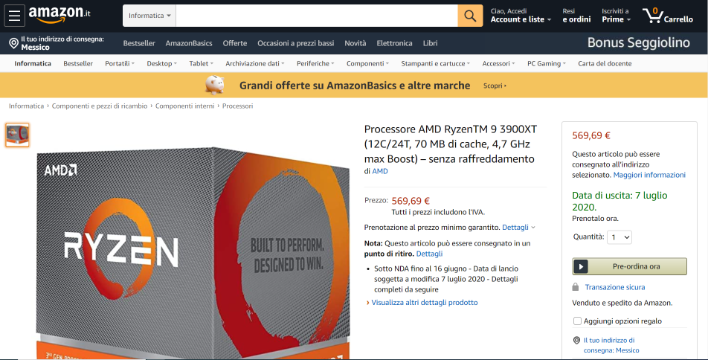 Amazon Италия сообщает о процессорах AMD Ryzen 5 3600XT и Ryzen 9 3900XT, запуск подтвержден 7 июля
