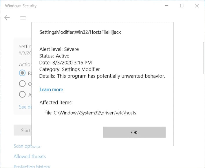 windows defender hosts detection