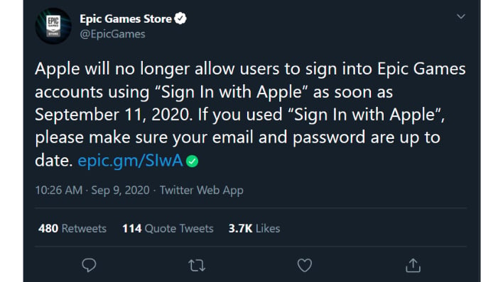 Epic Games warns users who sign in with Apple ID accounts will be