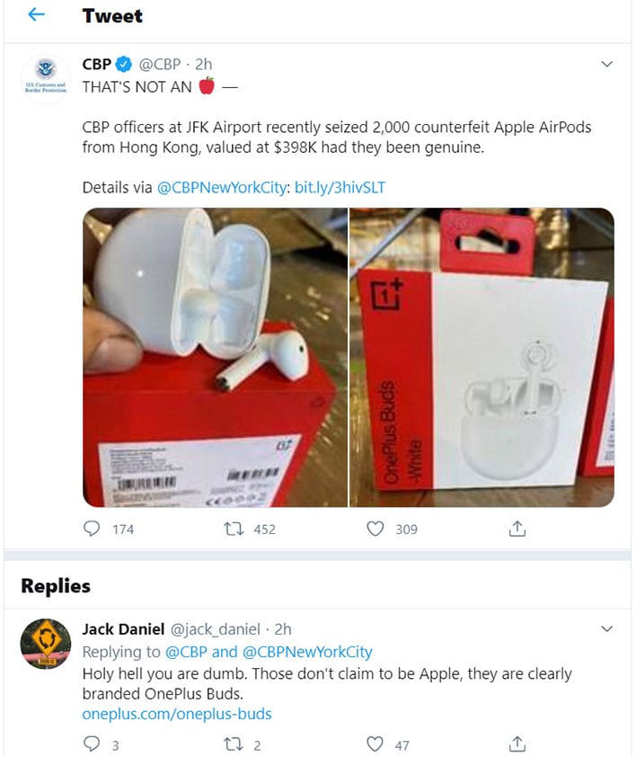 Таможня США приняла наушники OnePlus Buds за контрафактные Apple AirPods