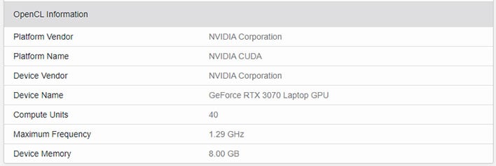 GeForce RTX 3070 Mobile on Geekbench