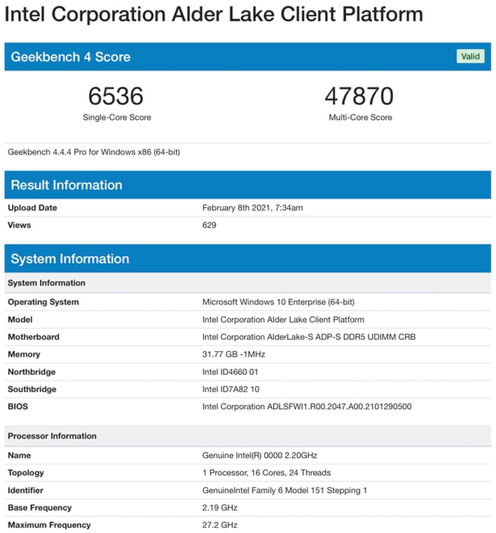 geekbench alder lake s intel