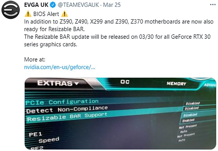 EVGA GeForce RTX 30 Series Resizable BAR Tweet