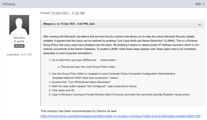 microsoft patch tuesday release breaks dns resolution and shared file access for some users