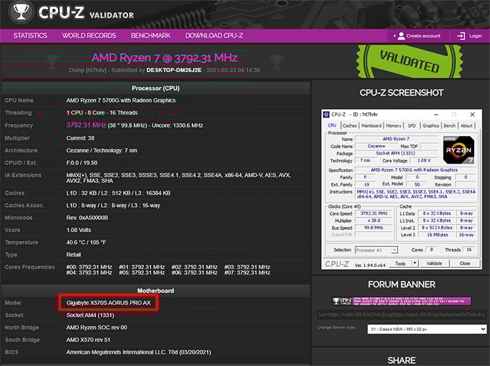 Gigabyte X570S Aorus Pro AX at CPU-Z