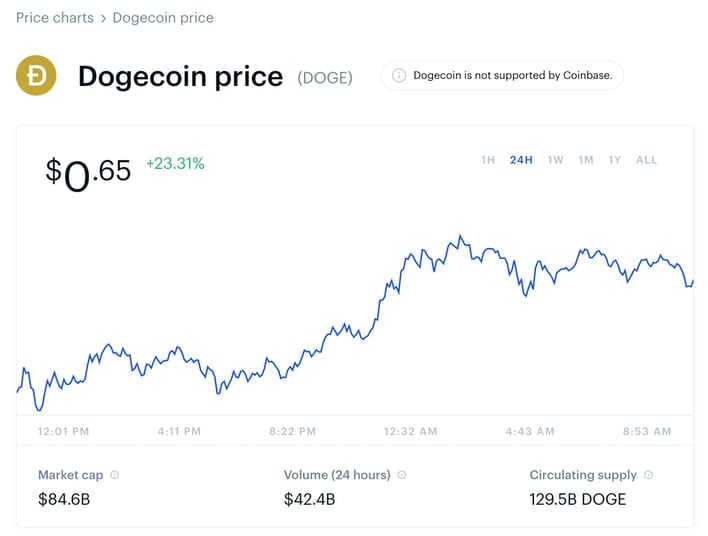 Обновлено: стоимость Dogecoin достигла рекордно высокого уровня после огромного скачка за последние 24 часа