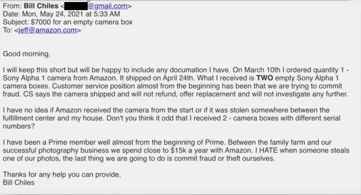 электронная почта счета амазонка отправляет возмущенному человеку пустую коробку вместо 7000 камера sony изначально отказывается вернуть деньги