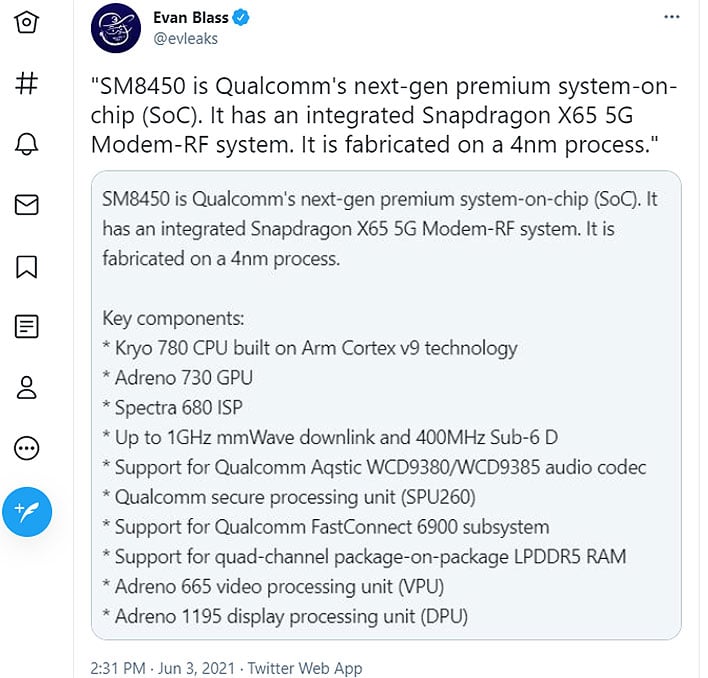 Tweet de Qualcomm SM8450