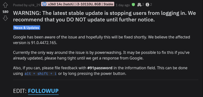 reddit chromebook update prevents users from logging in but a fix is inbound