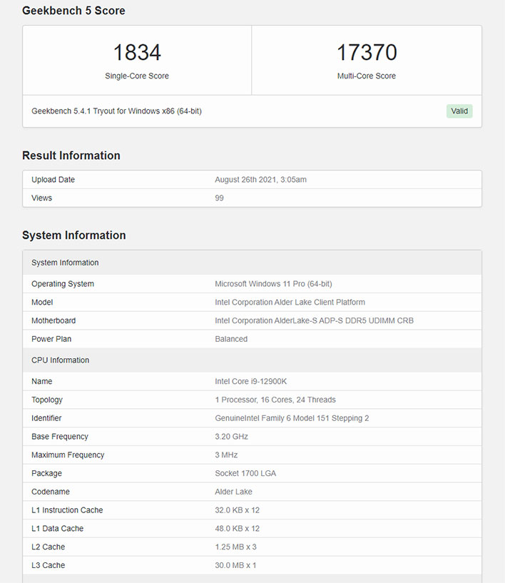 Intel Alder Lake on Geekbench