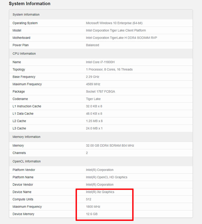 Geekbench with Intel Xe Graphics