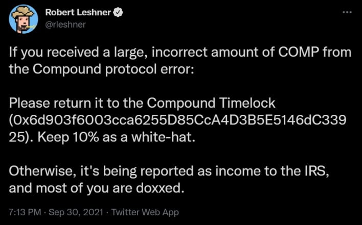 leshner bad tweet compound finance gives away millions in crypto accidentally