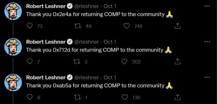 leshner thx tweet compound finance gives away millions in crypto accidentally