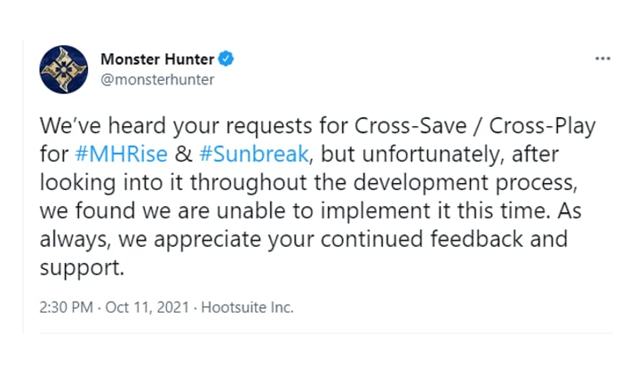 Capcom says it's unable to implement Monster Hunter Rise cross-saves/ cross-play