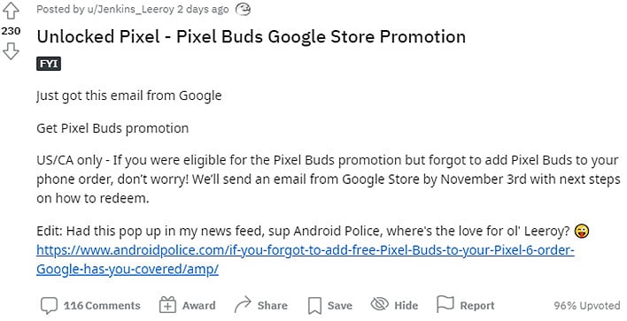 Ветка Google Buds на Reddit