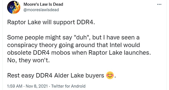 Твит Intel Raptor Lake
