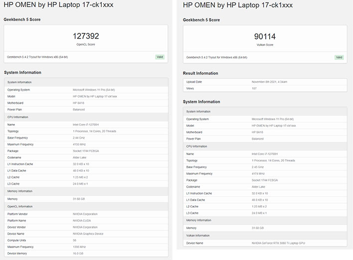 HP Omen with GeForce RTX 3080 Ti on Geekbench