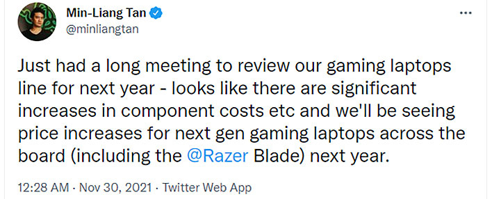 Razer CEO Gaming Laptop Tweet