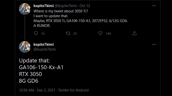 встроенный kopite7kimi твит обновление rtx3050