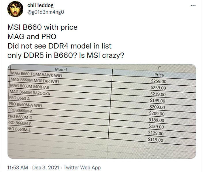 MSI B660 Price List Tweet