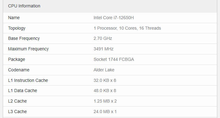Intel Core i7-12650H Geekbench Listing