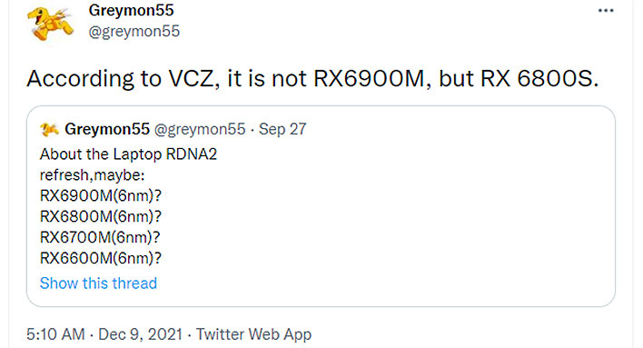 Radeon RX 6800S Tweet