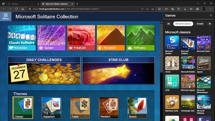 Microsoft Solitaire Collection on the latest Microsoft Edge Canary browser