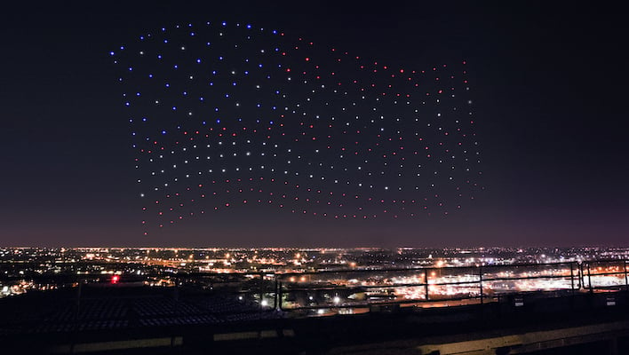 Intel drones create an American flag during a Super Bowl halftime performance