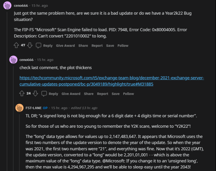 Ошибка Reddit Microsoft y2k22 приводит к отключению серверов обмена и почты