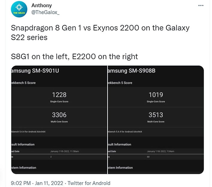 Exynos 2200 Geekbench Твитнуть