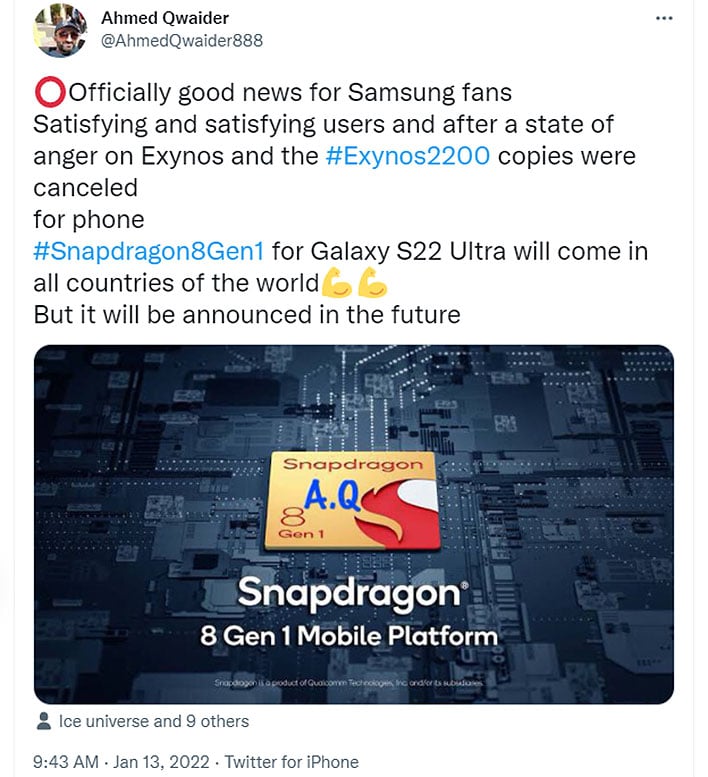 Samsung Exynos 2200 and Snapdragon Tweet