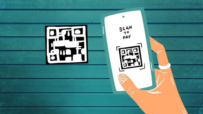 Phone scanning a QR code to pay