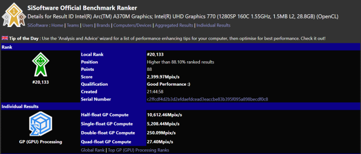 intel arc a370 combined sandra gpgpu result